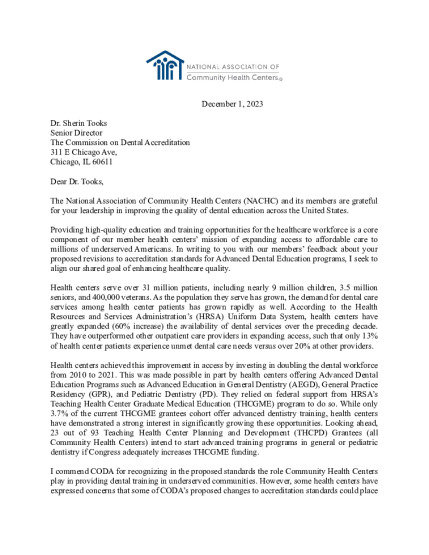 NACHC Letter to CODA on Dental Accreditation Standards